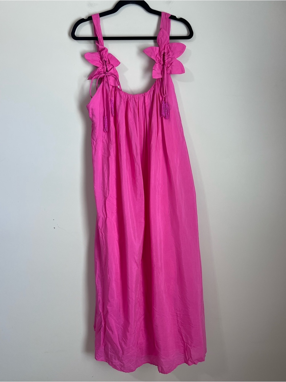 Farm Rio Sleeveless Floral Strap Midi Dress Pink Flowy Open Back Beaded Sz Large